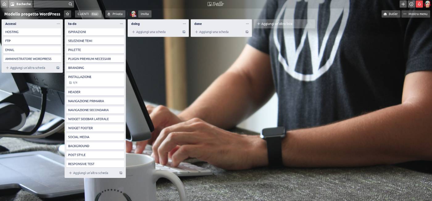 Il mio modello base di bacheca Trello per la gestione dei progetti di realizzazione dei siti web